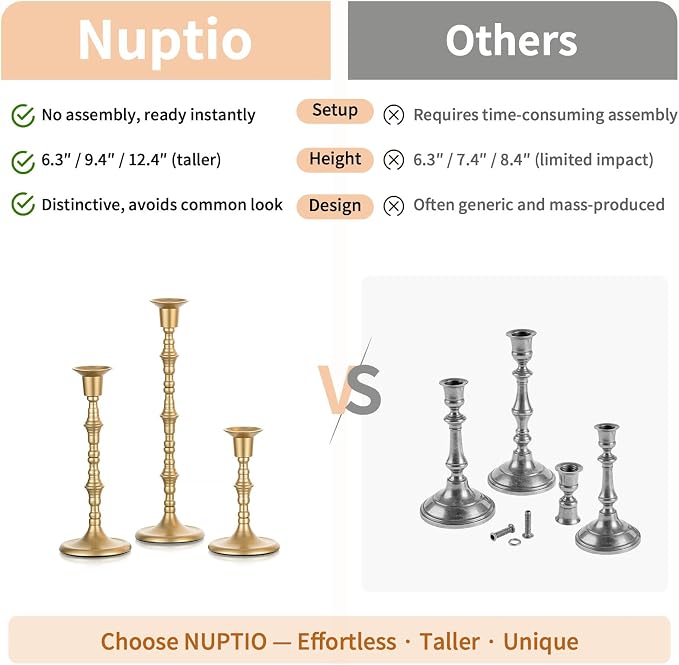 Nuptio Gold Candle Holders for Candlestick: Set of 6 Tall Taper Candle Stick Holders for Fall Thanksgiving Christmas Living Room Fireplace Dinner Table Cafe Table Decor