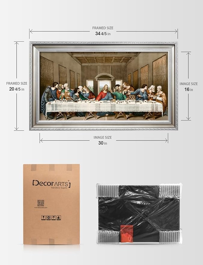 DECORARTS - The Last Supper, Leonardo da Vinci Classic Art Reproductions. Giclee Prints Acid Free Cotton Canvas with Matching Silver Solid Wooden Frame. Total Framed Size: 34.5" W x 20.5" H