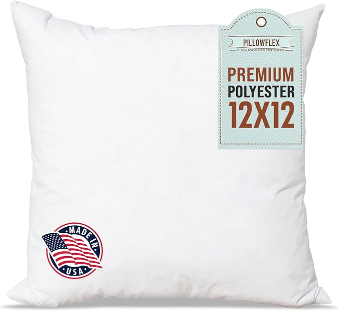 Pillowflex Premium Polyester Throw Pillow Insert - 12x12 - Ultra Soft Small Square Throw Pillow, Couch Sham, Lumbar, Back, Sofa - Machine Washable - Decorative Accent Form - 1 Soft Pillow