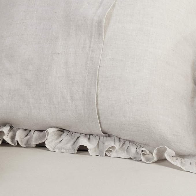100% French Linen Throw Pillow Covers - Set of 2 - Washed Flax Decorative Ruffled Square Cushion Cover Solid Color Soft Breathable - Linen, 18'' x 18''