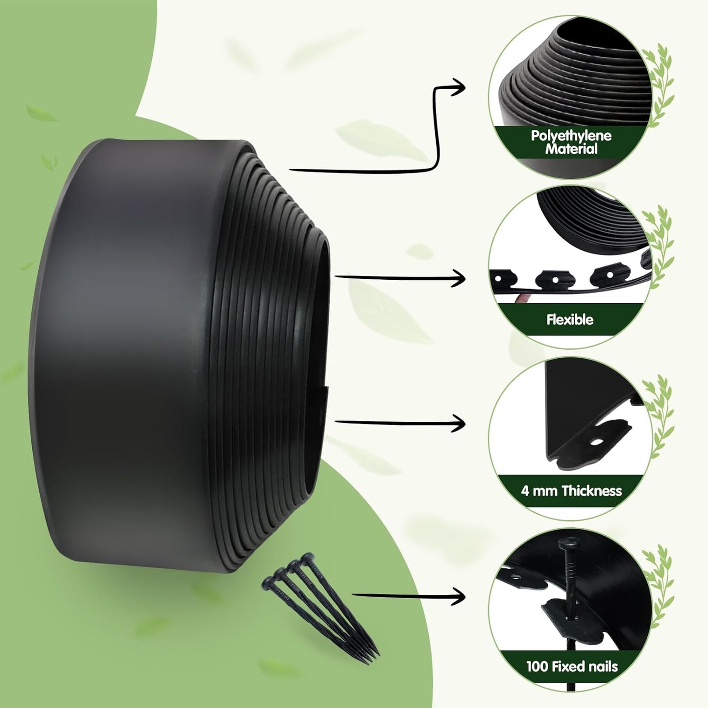 Landscape Edging - 3 Inch x 33FT Garden Border with 100 PCS Spikes, Plastic Lawn Edging for Flower Bed, Pathway and Yard(Black)