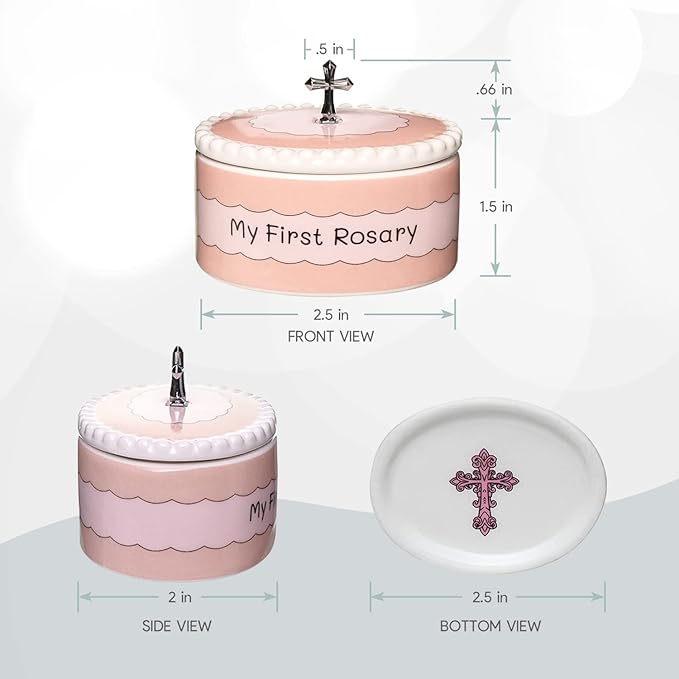 Baptism Gifts for Girl - My First Rosary with Keepsake Box, First Communion Gifts for Girls, Baptisms Gifts for Boys or Girls Christening. Pink Rosary, Ceramic Box and Gift Packaging