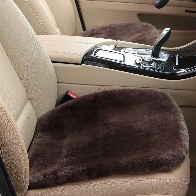 OGLAND Fluffy Genuine Australia Sheepskin Car Seat Cover for Auto Interior Accessories with Soft Fuzzy Wool Eco-Friendly Natural Fur Non-Slip (Teak, Front)