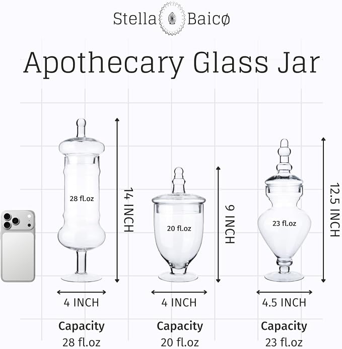 3-Pack Glass Apothecary Jars with Lids – Decorative Candy Storage Containers for Wedding, Buffet, Kitchen (H: 9", 12.5", 14")
