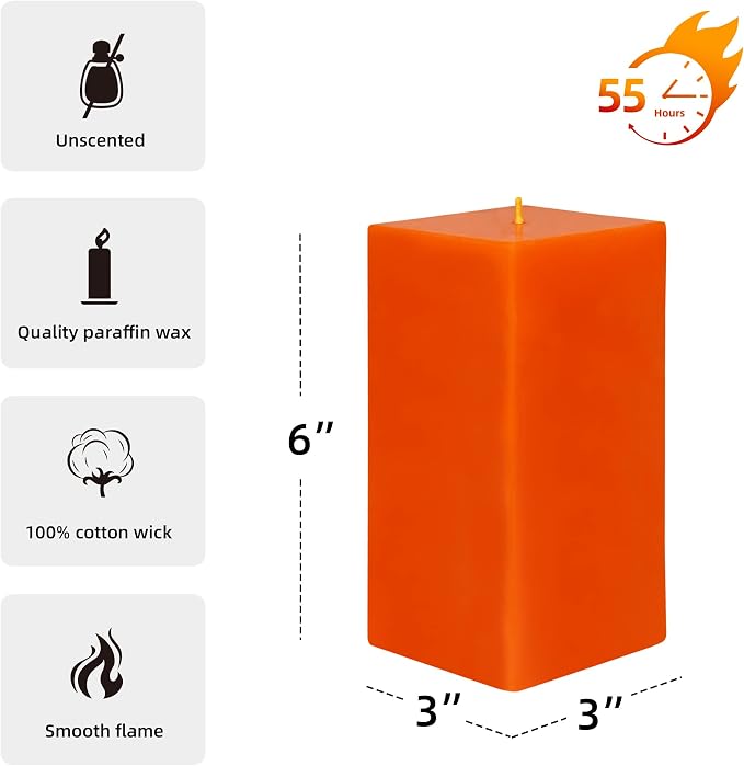 Zest Candle Pillar Candle, 3 by 6-Inch, Orange Square