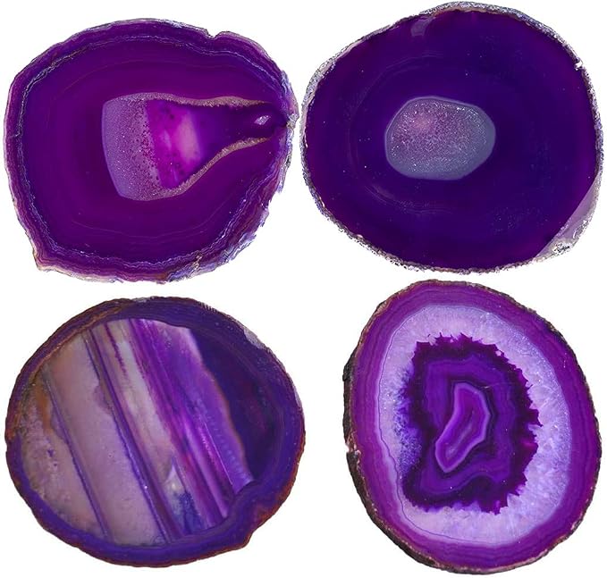 JIC Gem 3-3.5'' Purple Dyed Agate Coasters Sliced Small Size Brazilian Natural Agate Geode Polished with Rubber Bumpers Home Decoration Set of 4