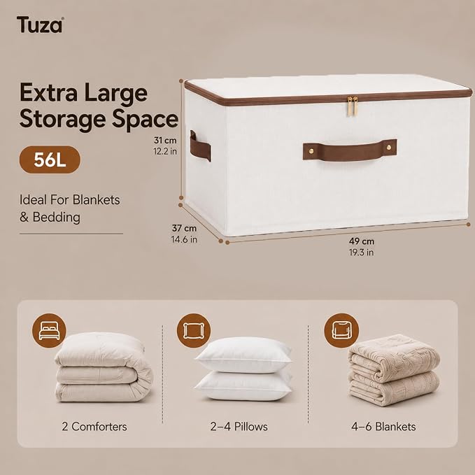 Tuza 3 Pcs Rigid Storage Bins with Zipper Lid, Cotton Linen Fabric Storage Boxes, Foldable Shelves Clothes Storage Cubes with Handles for Wardrobe, Closet(Beige, 56L)