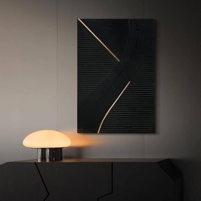 Abstract Black & Gold Canvas Wall Art,3D Line Texture Modern Oil Painting | Hand-Painted Black Vertical Artwork for Living Room Bedroom Office, 24x36 In Large Original Wall Decor, Ready to Hang