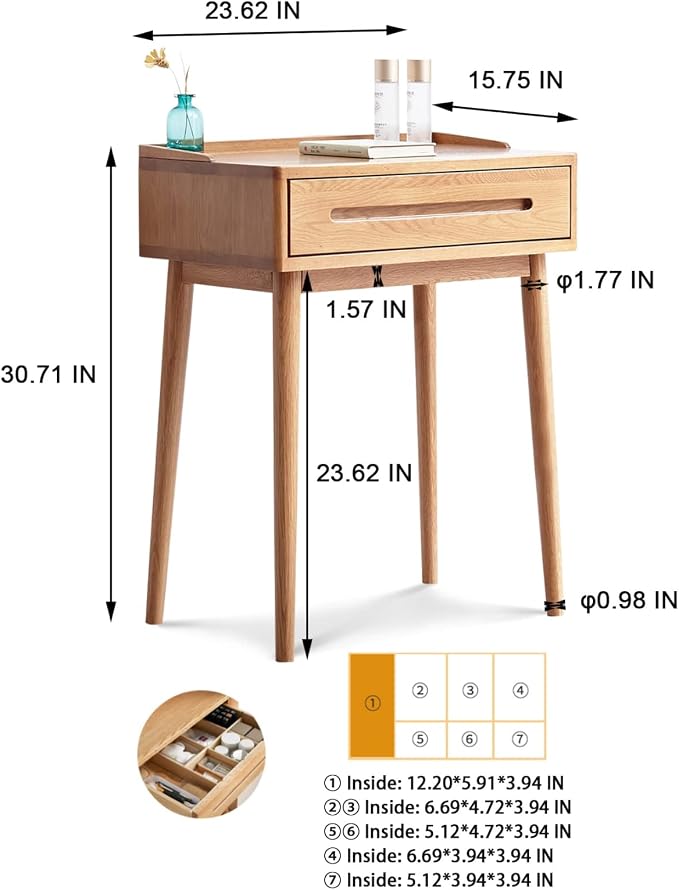 Solid Wood Desk with Drawer, Vanity Table, Modern Nightstand with Wooden Legs, Oak Side Table for Small Space for Bedroom, Dorm, 30.7" H, Natural, Desk