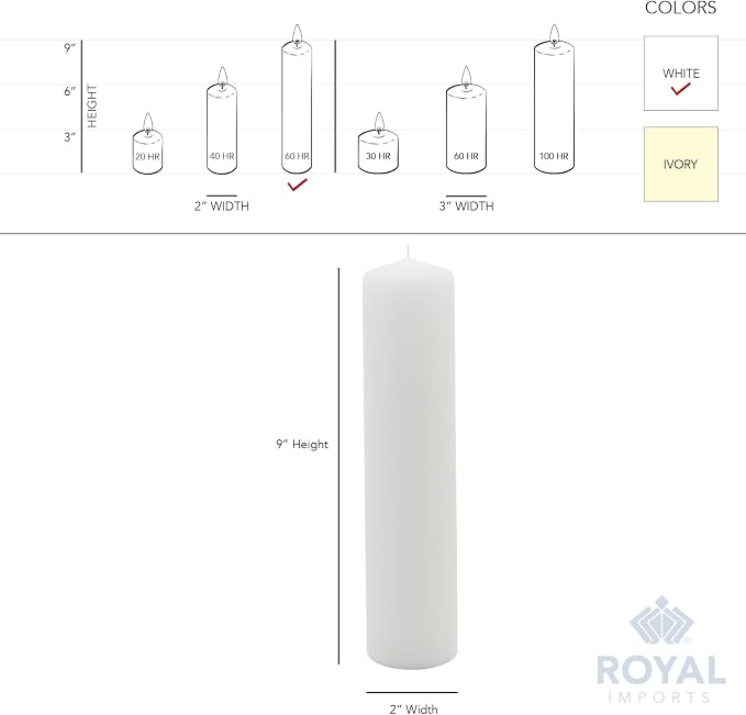 Royal Imports Pillar Candles White Unscented Premium Wax, 60 Hours Burning for Wedding, Spa, Party, Birthday, Holiday, Bath, Home Decor - 2"x9" Inch - Set of 12