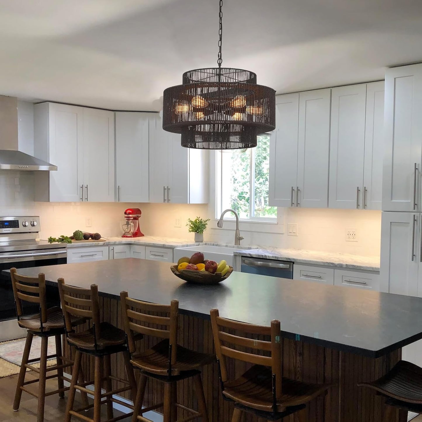 Hand-Woven Rattan Chandelier Vintage 6-Light Farmhouse Boho Bamboo Chandeliers Light Fixture 23.6" Retro 3-Tier Drum Wicker Rattan Black Chandelier for Dining Room, Kitchen Island, Bedroom