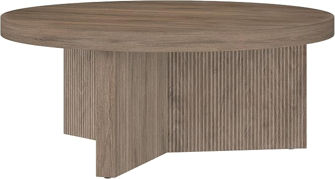 Henn&Hart 36" Fluted Round Low-Profile Coffee Table with Ribbed Pedestal Base for Living Room, Family Room, or Office, Weathered Gray
