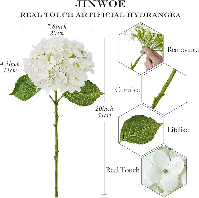 JINWOE Hydrangea Artificial Flowers, 4Pcs 20" Ivory White Lifelike Latex Silk Real Touch Faux Hydrangea Flowers, Artificial Hydrangeas Bouquet for Wedding Centerpieces Tables Party Home