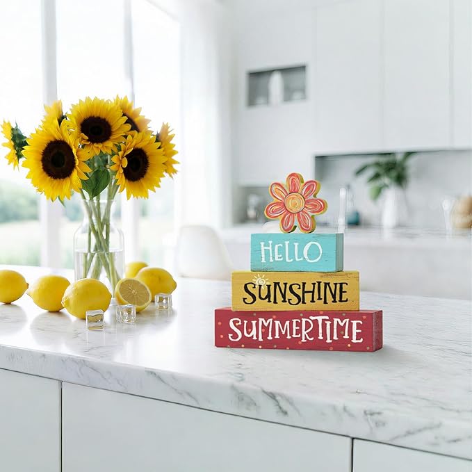 Smile 4 Pcs Summer Indoor Wooden Decor, Sunflowers Colorful Hello Sunshine Summer Tiered Tray Farmhouse Table Decoration for Home and Office