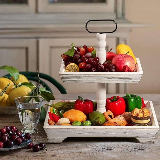 Farmhouse 2 Tiered Tray Stand for Home Decor, Wooden Serving Tiered Tray for Coffee Bar Table Centerpiece, Decorative Trays Kit for Countryside, Round Rustic Stand for Cake Cupcake (Washing White)