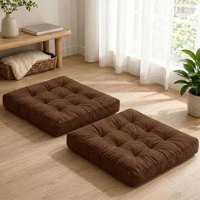 Floor Pillows for Adults Set of 2, Soft Velvet Floor Cushions for Sitting, Square Tufted Floor Pillow Set for Reading Nook, Living Room, Bedroom, 22 x 22 Inch, Brown