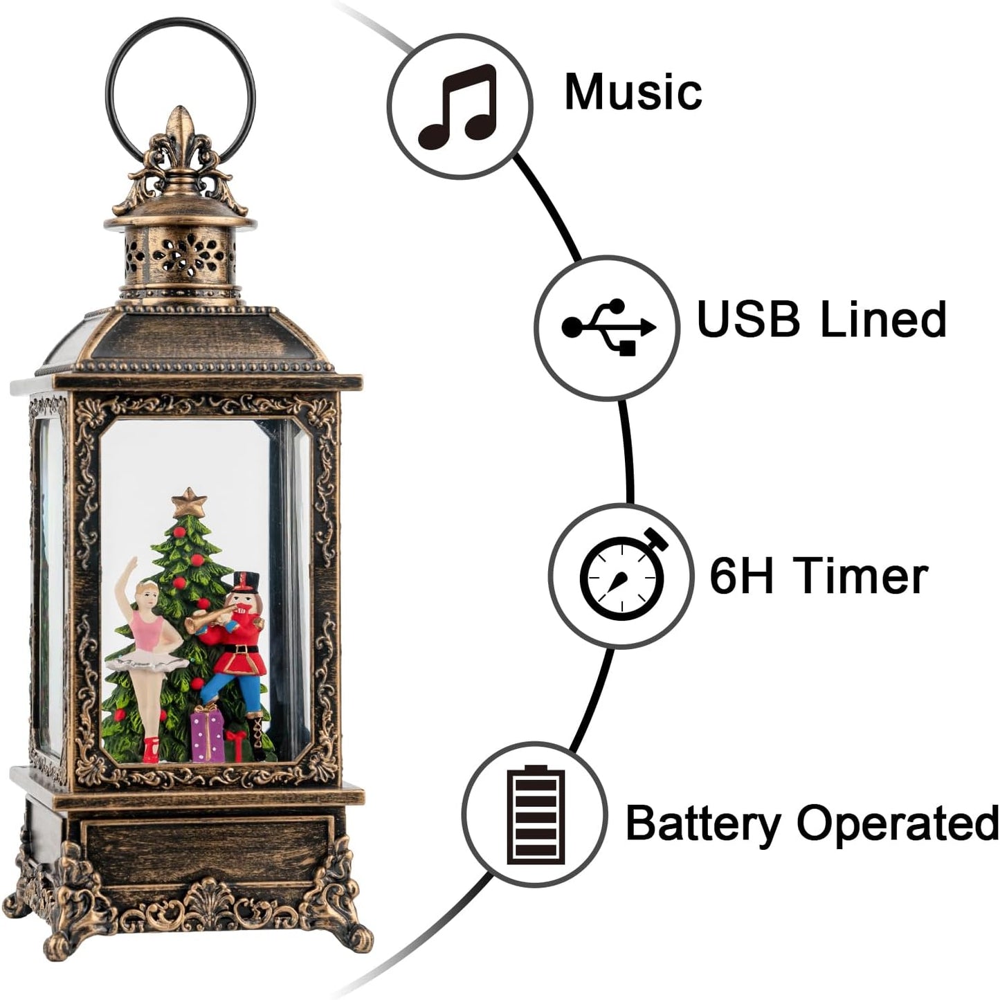 Christmas Snow Globe Lantern Water Glittering Nutcracker Ballerina with Music & Timer, USB Lined/Battery Operated Lighted Lantern for Christmas Festival Decoration Gifts