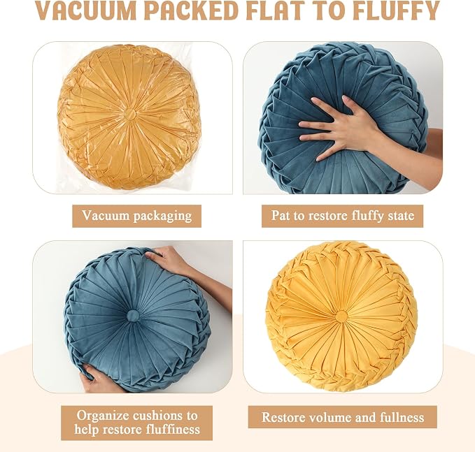 Drydiet 3 Pcs Round Throw Velvet Pillows Decorative Pleated Throw Pillows Diameter Accent Pumpkin Boho Chair Cushion for Couch Sofa Home Decoration (Yellow,Brunt Orange,Blue,15'')