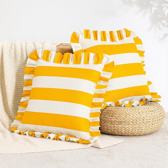 MONDAY MOOSE Decorative Throw Pillow Covers, Set of 2 Water-Resistant Striped Design with Ruffle Edge for Outdoor/Indoor Use, Pillow Inserts Not Included (16x16 inch, Golden Yellow/White)