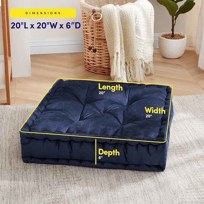 Sweet Home Collection Floor Pillow Large Square Tufted Decorative Cushion. Faux Velvet Fabric Ultra Thick Fill for Kids and Adults, 2 Pack, Navy.
