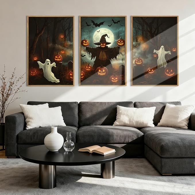Anyzal Halloween Ghost Wall Art Spooky Pumpkin Wall Decor Dark Forest Artwork for Living Room Bedroom Dining Room16x24 Inch Set of 3