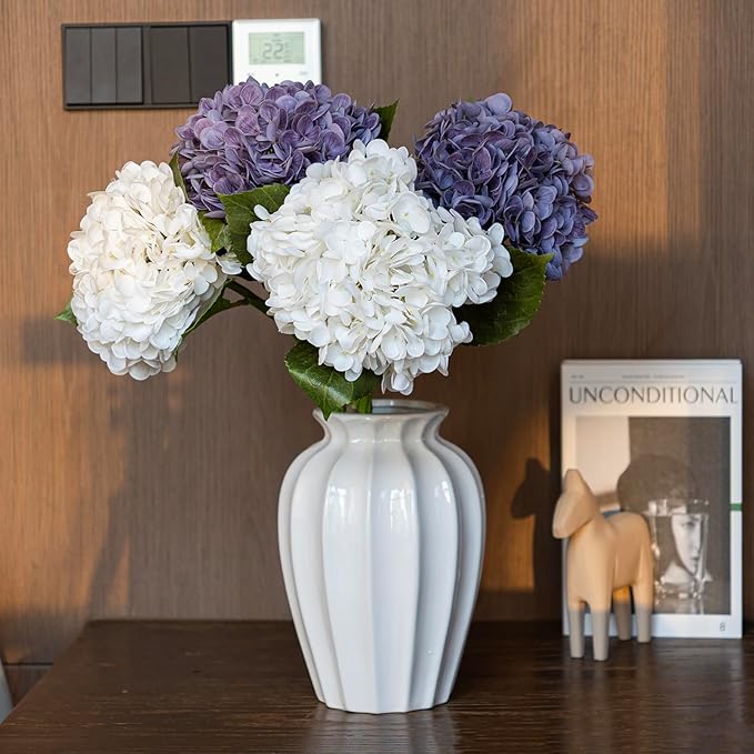 DUYONE 4Pcs 22'' Lifelike Artificial Hydrangea,2 White & 2 Light Purple Large Flowers Artificial Flowers Dry Flowers Outdoor Wedding Christmas Office Family Party Living Room Table Deco