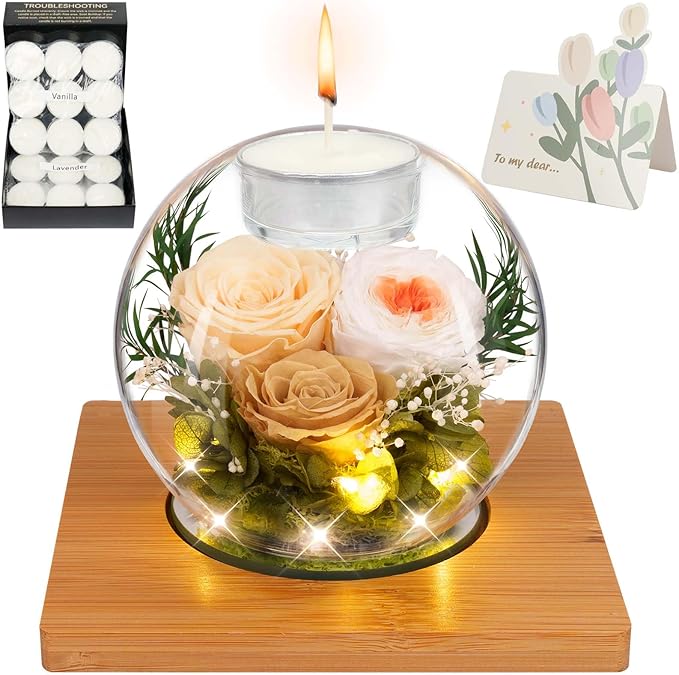 Preserved Champagne Real Rose in Glass with Scented Candles–Eternal Flower Romantic Anniversary Mothers Day Christmas Birthday Valentines Day, Women, Wife, Girlfriend, Mom, Grandma