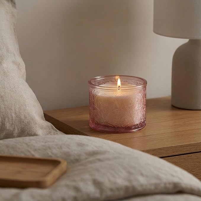 10 oz Pink Mandala Glass Candle Jars with Bamboo Lids, 9 Pack | Patented Embossed Design, Includes Wick Centering Devices & Warning Labels, Multiple Color Options