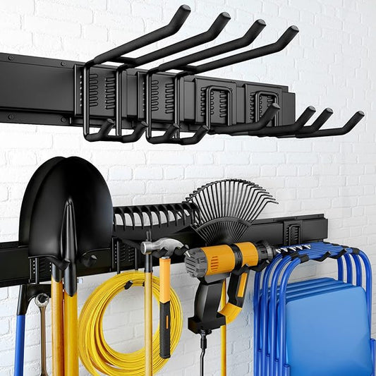 UUP 32 Inches Garage Storage, Garage Organization, Wall Mount Garden Tool Organizer, Max 300lbs Adjustable Metal Hooks, Yard Shed Hanging Rack, Heavy Duty Shelving for Rake Broom Mop Snowboard
