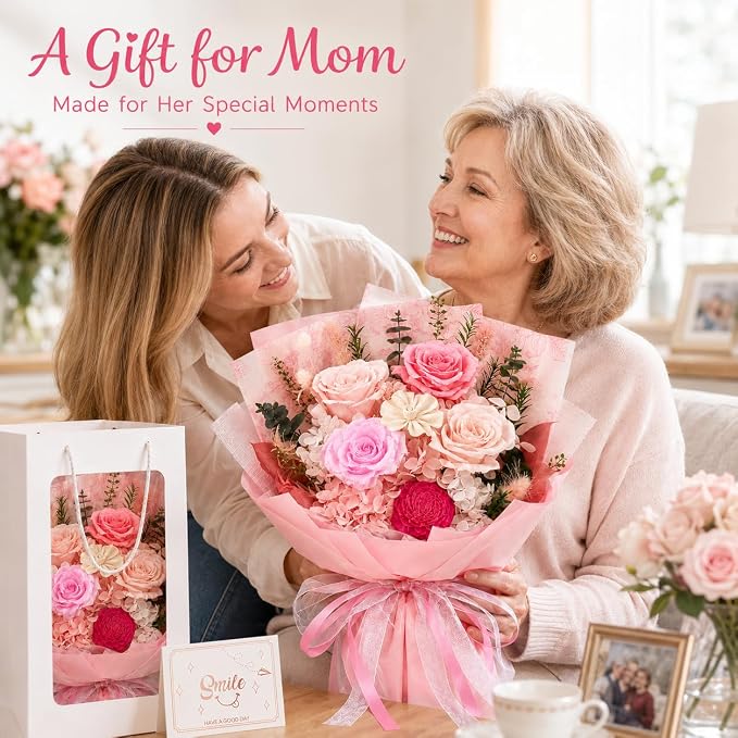 Pink Preserved Flowers Bouquet, Eternal Real Flower for Women Real Roses That Last 3 Years Handmade Floral Arrangement for Mother's Day Birthday Gifts Anniversary Surprise for Mom Women Her