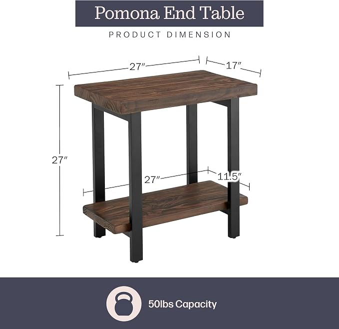 Alaterre Furniture Pomona Solid Wood 2-Tier End Table, Rustic Brown, 27” | Side Table or Nightstand with Storage Shelf and Metal Legs, Industrial Farmhouse Chair Side Table for Living Room or Bedroom