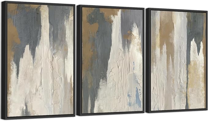 ASDCEUTICALS Large Canvas Wall Art - Gray Brown and Beige Abstract Pictures for Living Room Vintage Wall Decor Retro Artwork Black Float Framed Paintings for Bedroom Dinning Room 16" X 24" X 3 pcs