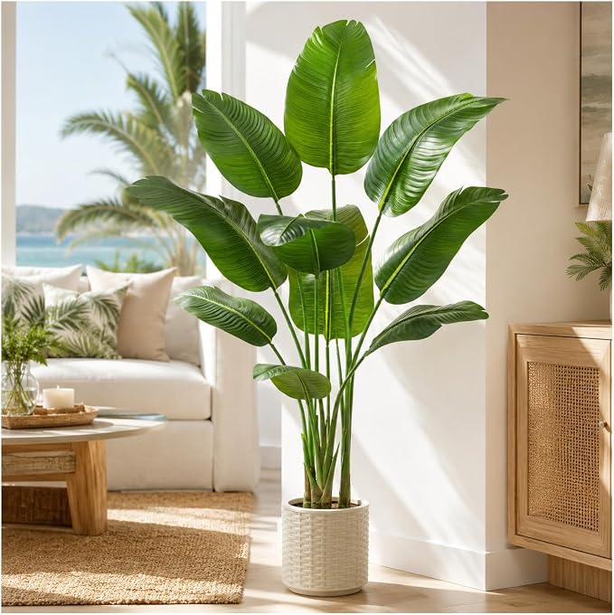 Artificial Bird of Paradise Plant：5FT Fake Traveler’s Palm Faux Banana Tree Elephant Ear Leaf Tall Silk Floor Plant in White Pot for Home Decor Indoor Office Entryway Balcony Patio café Hotel