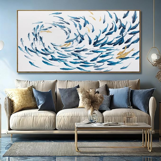Canvas Wall Art Blue Fish Ocean Sea Framed Artwork Large Pictures Wall Decor Artwork Prints Poster Animal Arts 29"x58"for Living Room Office