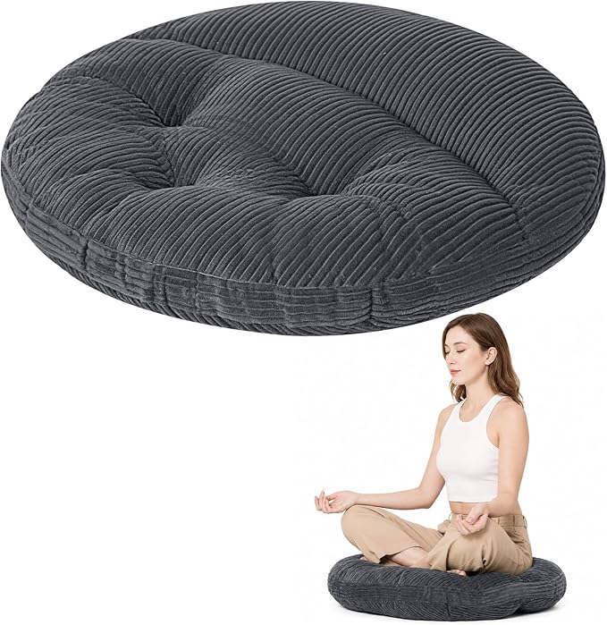 Meditation Cushion, 32 Inch Large Round Floor Pillow, Dark Grey | Soft Tufted Corduroy Meditation Pillow for Adults with Handle for Yoga, Cozy Meditation Mat for Reading and Tatami Seating