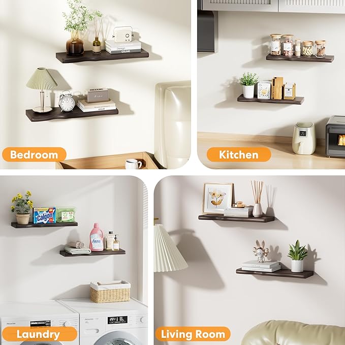 Floating Shelves for Wall Rustic Farmhouse 24 Inch Floating Shelf Bathroom Wooden Shelves for Wall Mounted Live Edge Pine Shelf with Unique Natural Grain for Living Room Bedroom Kitchen (Grey)