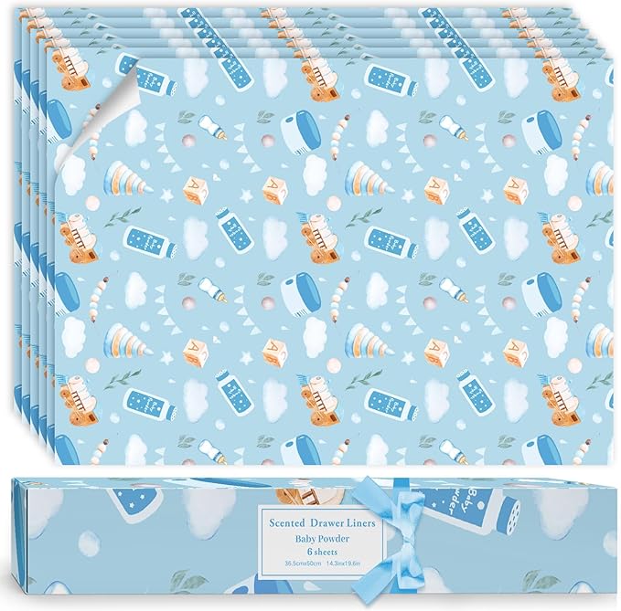 SCENTORINI Baby Powder Scented Drawer Liners for Dresser, 6 Sheets Fragrant Drawer Paper Liners Non-Adhesive Paper Sheets for Home Closet, Bedroom Drawers, Kitchen Cabinets