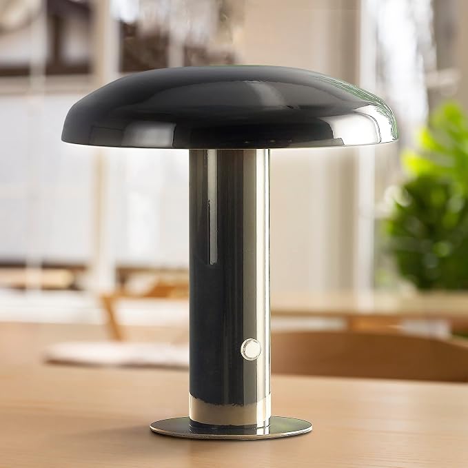 JONATHAN Y 11" Black Rechargeable LED Mushroom Table Lamp, Cordless Portable Dimmable Mid-Century Modern Accent Lamp, with Metal Shade, Touch Sensor JYL7114A
