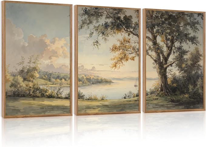 TOARTi Large Framed Nature Landscape Canvas Wall Art,Vintage Countryside Cottagecore Scenery Wall Decor,Wildness Green Tree Lake Sailboat Art Prints for Farmhouse Living Room Bedroom Office-16”x24”x3