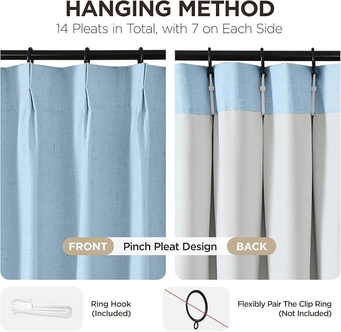 Joydeco 100% Blackout Pleated Curtains, Linen Window Curtains 2 Panel Sets 108 inches Long, Thermal Insulated Darkening Drapes for Bedroom(Chambray Blue,40'' Wx108'' L)