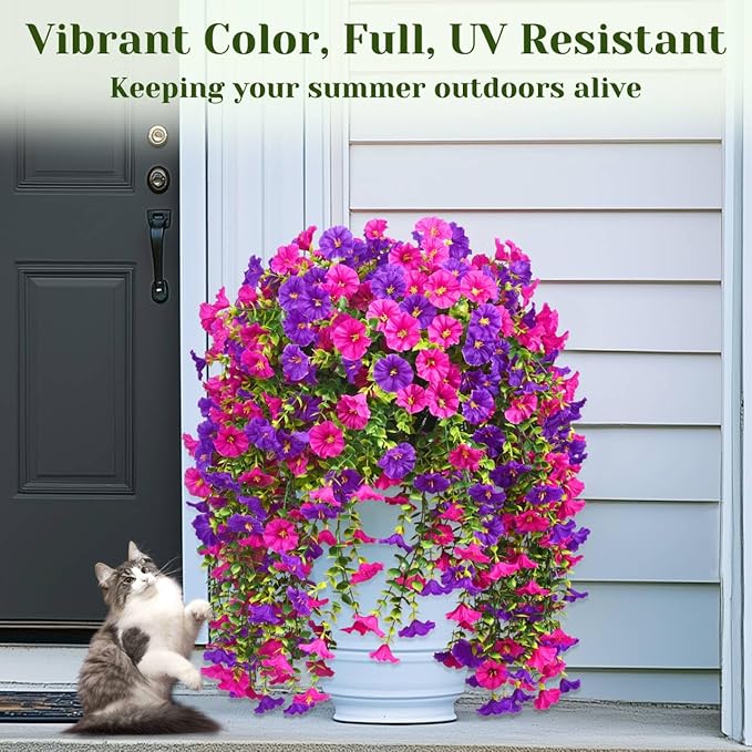 Dolicer 8 Packs Look Real Artificial Flowers for Outdoors, Fake Artificial Hanging Flowers for Outdoors Realistic UV Resistant Hanging Flowers Silk Petunia Faux Flowers for Porch Patio(Purple+Fuchsia)