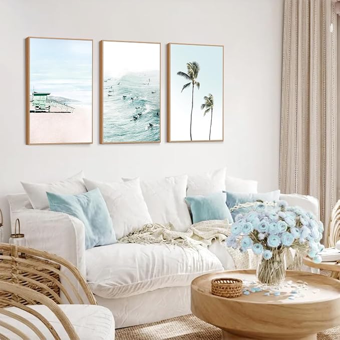 CHDITB Coastal Beach Framed Canvas Wall Art Set of 3, Ocean Surfing Wall Decor, Tropical Palm Tree Artwork, Nautical Poster, Modern Waves Surfing Painting for Living Room, Bedroom, Office 16"x24"