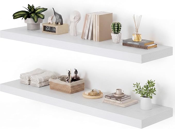 Heimlove 12" Deep Floating Shelves for Wall, 48W x 12D Inch Shelf Bathroom Shelves Set of 2, Mounted Shelves for Books Living Room Laundry Room Bedroom Kitchen Home Office, White