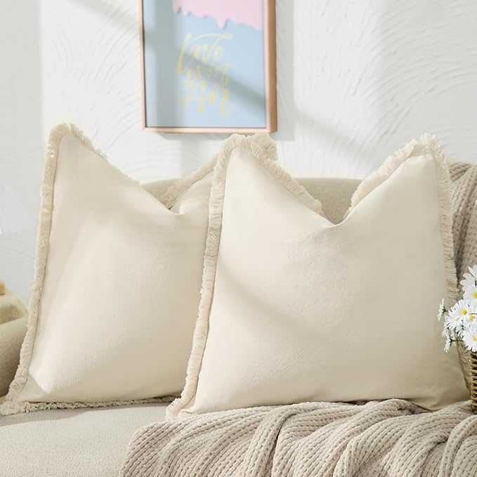 ZWJD Pillow Covers 18x18 Set of 2 Beige Throw Pillow Covers with Fringe Chic Cotton Decorative Pillows Square Cushion Covers for Sofa Couch Bed Living Room Farmhouse Boho Decor