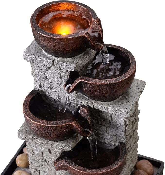 Kalona 4-Tier Indoor Waterfall Tabletop Fountain with LED Lights and Natural Rocks, Cascading Bowl Desk Fountain for Home and Office Decoration, Relaxing Water Feature (21132B)