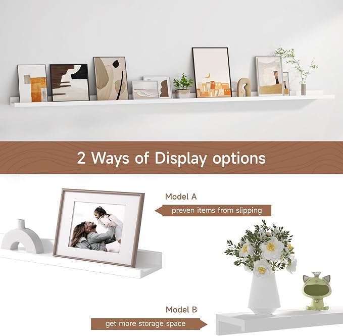 Fun Memories Picture Ledge Shelf, 60 Inch Floating Shelves Set of 2, Large Nursery Book Shelves for Toys Storage, Kids Bookshelf Wall Mounted for Wall Decor Books Photo Frames, White