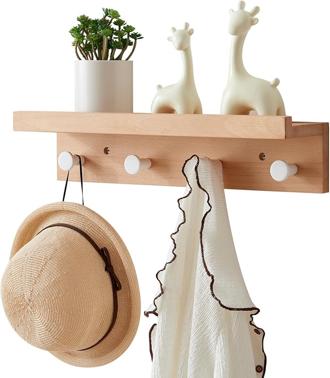Wall Hooks with Shelf 19 inch, Beech Wood Entryway Wall with 4 Hooks, Floating Shelf Coat Rack for Bathroom, Living Room, Bedroom (19inch)