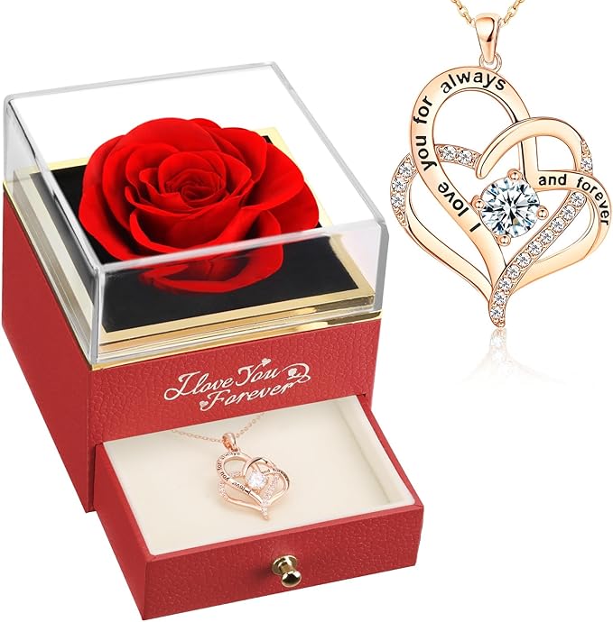 WILDLOVE Forever Real Rose with Heart Necklace, Preserved Flowers Gifts for Mom, Wife and Girlfriend on Christmas, Mother's Day, Anniversary, Birthday Gifts for Women, I Love You for Her