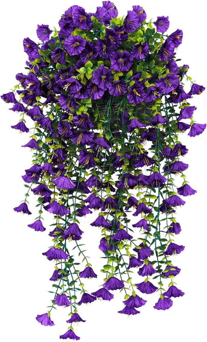SJL Faux Hanging Plants Outdoor Flowers UV Resistant Fake Plants for Outside Fake Silk Colorful Morning Glory Artificial Eucalyptus Leaves for Arch Backyard Kitchen Spring Outside Decorations(Purple)