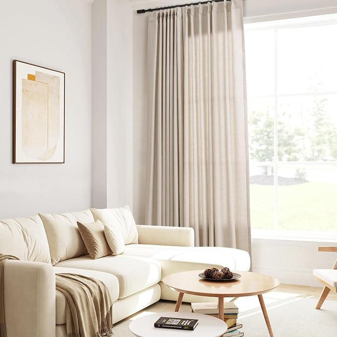 Oatmeal Beige Pinch Pleated Linen Curtains 96 Inch Length 2 Panels for Living Room Bedroom Country Farmhouse Window Privacy Light Filtering Semi Sheer Back Tab Drapes with Hooks for Dining Room 40x96